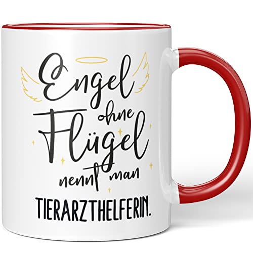 JUNIWORDS Tasse, Engel ohne Flügel nennt man Tierarzthelferin, Rot (5186144) von JUNIWORDS