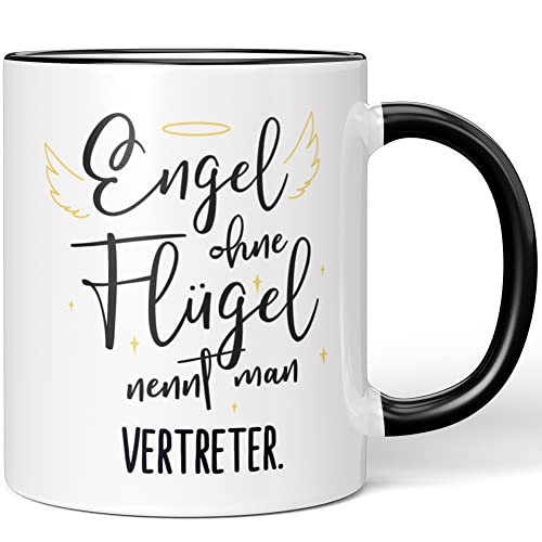 JUNIWORDS Tasse, Engel ohne Flügel nennt man Vertreter, Schwarz (5187838) von JUNIWORDS