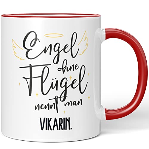 JUNIWORDS Tasse, Engel ohne Flügel nennt man Vikarin, Rot (5188037) von JUNIWORDS