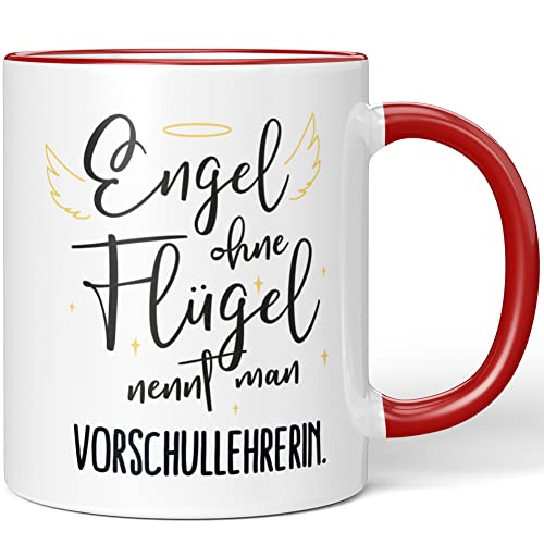 JUNIWORDS Tasse, Engel ohne Flügel nennt man Vorschullehrerin, Rot (5188215) von JUNIWORDS