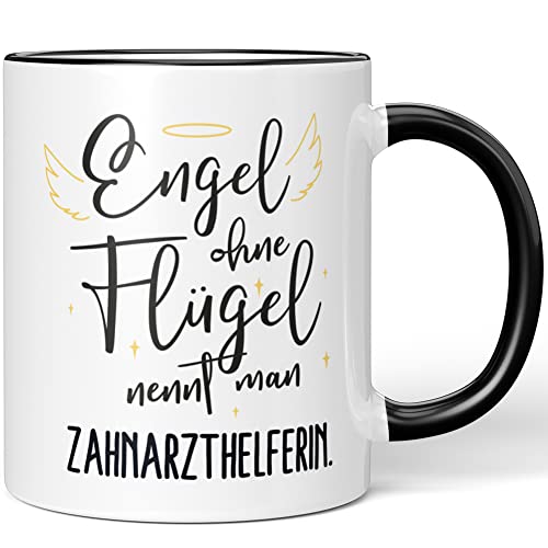 JUNIWORDS Tasse, Engel ohne Flügel nennt man Zahnarzthelferin, Schwarz (5189901) von JUNIWORDS