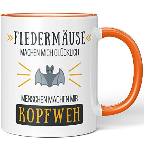 JUNIWORDS Tasse, Fledermäuse machen mich glücklich Menschen machen mir Kopfweh, Wähle Farbe, Orange von JUNIWORDS