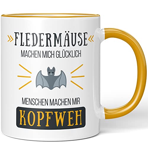 JUNIWORDS Tasse, Fledermäuse machen mich glücklich Menschen machen mir Kopfweh, Wähle Farbe, Dunkelgelb von JUNIWORDS