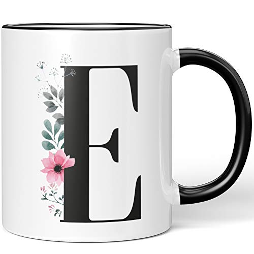 JUNIWORDS Tasse, Florales E, florale Buchstabentasse mit Blume (1000868), Wähle Farbe, Schwarz von JUNIWORDS