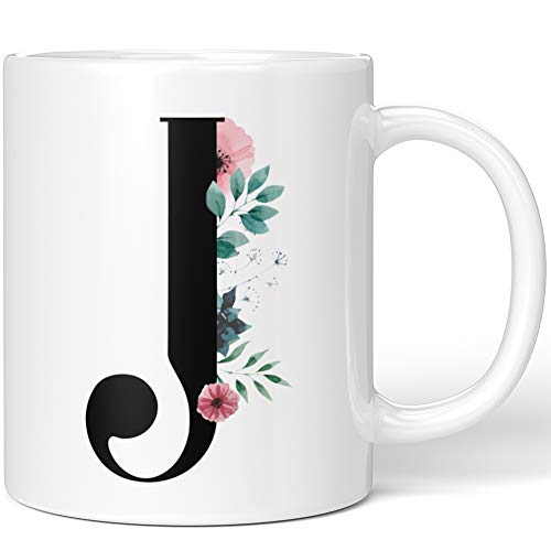 JUNIWORDS Tasse, Florales J, Florale Buchstabentasse mit Blume (1000873), Wähle Farbe, Weiß von JUNIWORDS