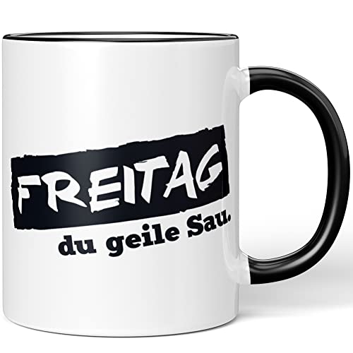 JUNIWORDS Tasse, Freitag du geile Sau, Wähle Farbe, Schwarz von JUNIWORDS