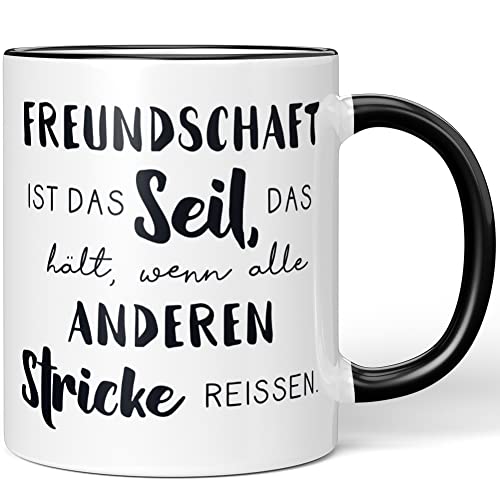 JUNIWORDS Tasse, Freundschaft ist das Seil, das hält, wenn alle anderen Stricke reißen, Schwarz (1007445) von JUNIWORDS