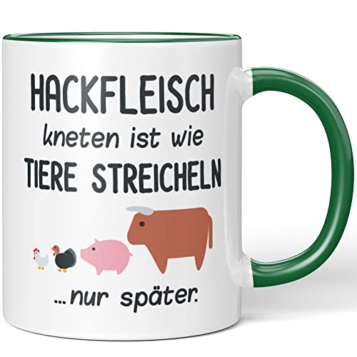 JUNIWORDS Tasse, Hackfleisch kneten ist wie Tiere streicheln, nur später, Wähle Farbe, Grün von JUNIWORDS