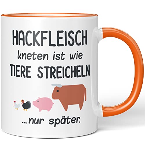 JUNIWORDS Tasse, Hackfleisch kneten ist wie Tiere streicheln, nur später, Wähle Farbe, Orange von JUNIWORDS