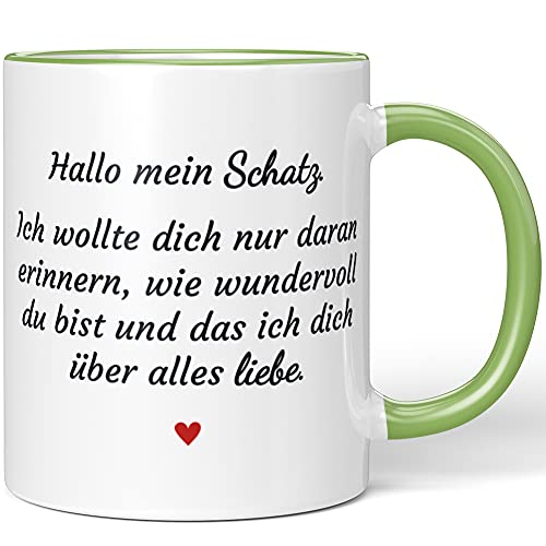 JUNIWORDS Tasse, Hallo mein Schatz. Ich wollte dich nur daran erinnern, wie wundervoll du bist und das ich dich über alles liebe, Wähle Farbe, Hellgrün von JUNIWORDS