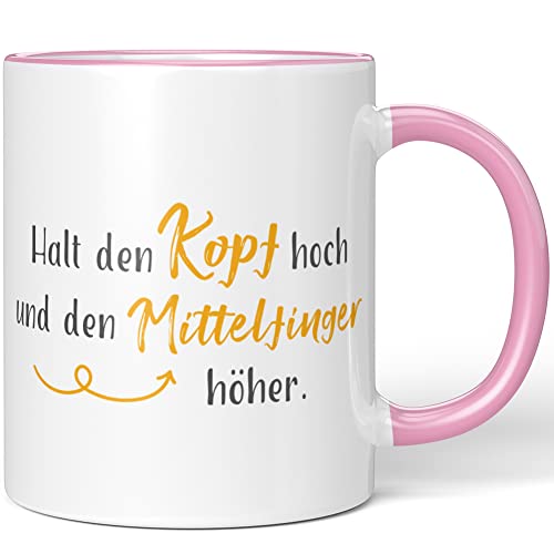 JUNIWORDS Tasse, Halt den Kopf hoch und den Mittelfinger höher, Rosa (1006812) von JUNIWORDS