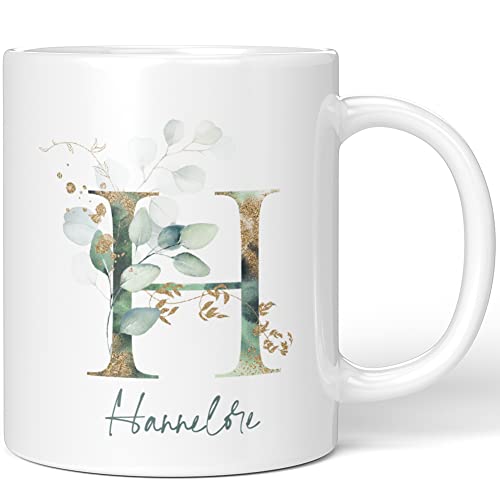 JUNIWORDS Tasse, Hannelore, Name Anfangsbuchstabe Initial Alphabet Floral Buchstabe H Monogramm Motiv, Weiß (5451126) von JUNIWORDS