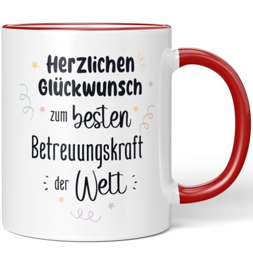 JUNIWORDS Tasse, Herzlichen Glückwunsch zum besten Betreuungskraft der Welt, Rot (7626957) von JUNIWORDS