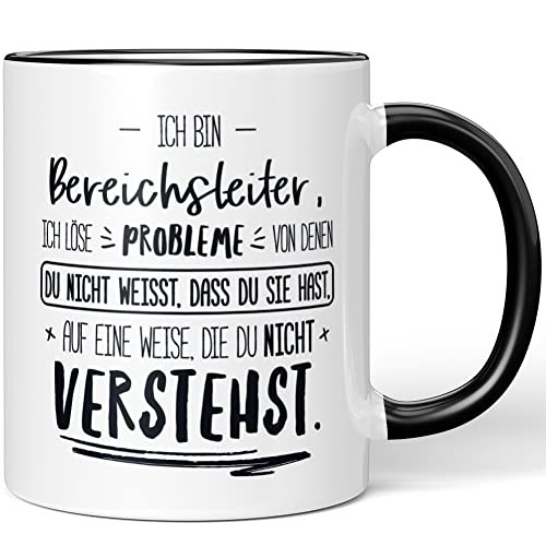 JUNIWORDS Tasse, Ich bin Bereichsleiter, ich löse Probleme, von denen du nicht weißt, dass du Sie hast, auf eine Weise, die du nicht verstehst, Schwarz (5008844) von JUNIWORDS