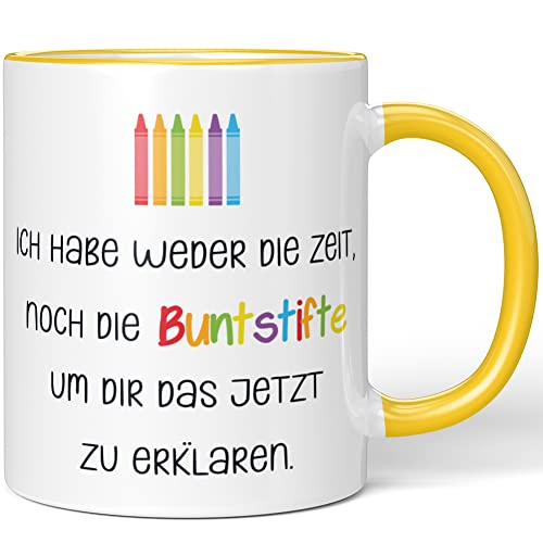 JUNIWORDS Tasse, Ich habe weder die Zeit noch die Buntstifte, um dir das das jetzt zu erklären, Wähle Farbe, Gelb von JUNIWORDS