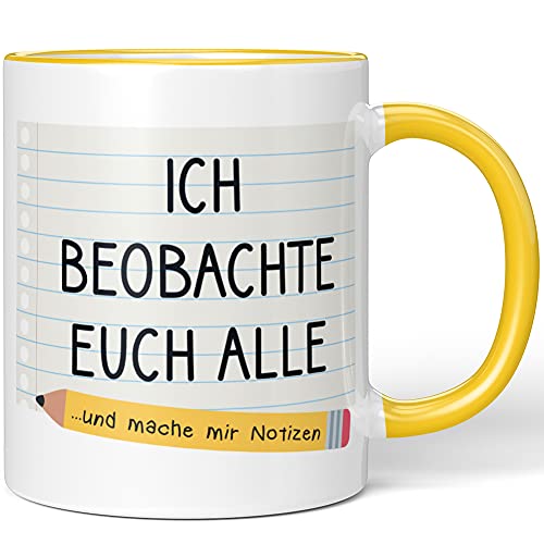 JUNIWORDS Tasse, Ich beobachte euch alle und Mache Mir Notizen, Wähle Farbe, Gelb von JUNIWORDS