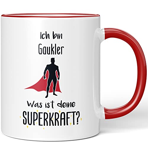JUNIWORDS Tasse, Ich bin Gaukler. Was ist deine Superkraft?, Rot (5930014) von JUNIWORDS