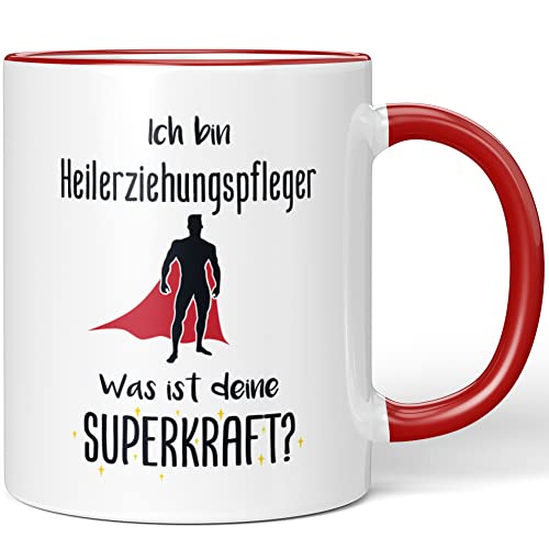 JUNIWORDS Tasse, Ich bin Heilerziehungspfleger. Was ist deine Superkraft?, Rot (5932329) von JUNIWORDS