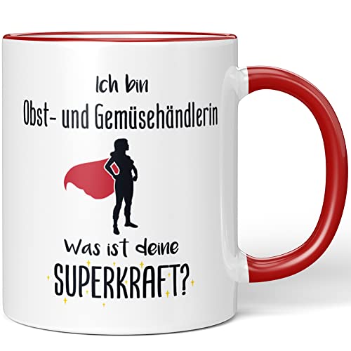 JUNIWORDS Tasse, Ich bin Obst- und Gemüsehändlerin. Was ist deine Superkraft?, Rot (5942287) von JUNIWORDS