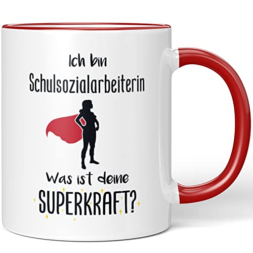 JUNIWORDS Tasse, Ich bin Schulsozialarbeiterin. Was ist deine Superkraft?, Rot (5947946) von JUNIWORDS