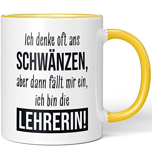 JUNIWORDS Tasse, Ich denke oft ans Schwänzen, aber dann fällt mir ein, ich bin die Lehrerin!, Gelb (1008154) von JUNIWORDS