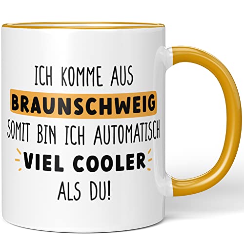 JUNIWORDS Tasse, Ich komme aus Braunschweig, somit Bin ich automatisch viel Cooler als du!, Dunkelgelb (1009079) von JUNIWORDS