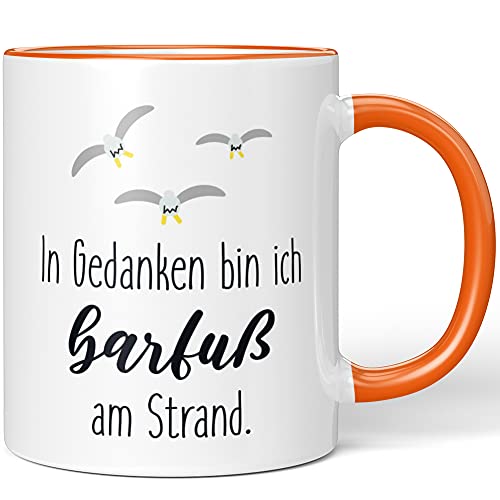 JUNIWORDS Tasse, In Gedanken bin ich barfuß am Strand, Wähle Farbe, Orange von JUNIWORDS