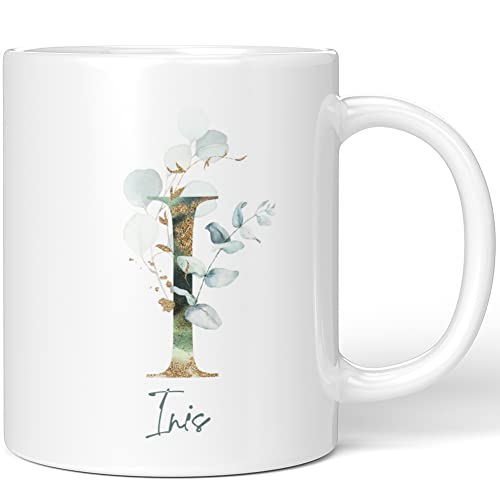 JUNIWORDS Tasse, Inis, Name Anfangsbuchstabe Initial Alphabet Floral Buchstabe I Monogramm Motiv, Weiß (5453396) von JUNIWORDS
