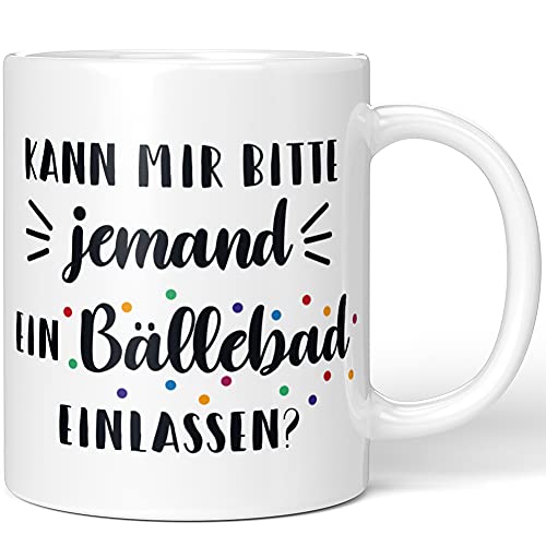 JUNIWORDS Tasse, Kann mir bitte jemand ein Bällebad einlassen?, Wähle Farbe, Weiß von JUNIWORDS