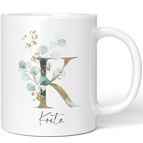 JUNIWORDS Tasse, Kreta, Name Anfangsbuchstabe Initial Alphabet Floral Buchstabe K Monogramm Motiv, Weiß (5458710) von JUNIWORDS