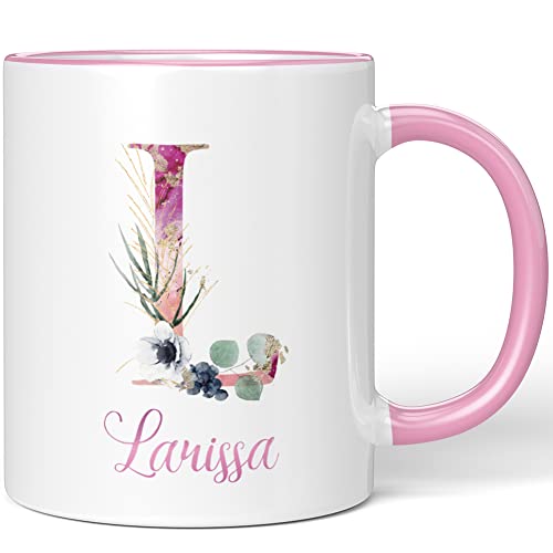 JUNIWORDS Tasse, Larissa, Name Anfangsbuchstabe Initial Alphabet Floral Buchstabe L Monogramm Motiv, Rosa (5520189) von JUNIWORDS