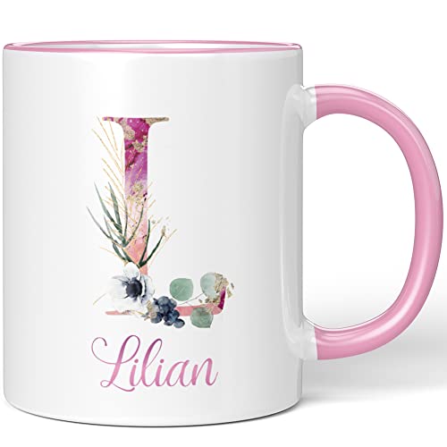 JUNIWORDS Tasse, Lilian, Name Anfangsbuchstabe Initial Alphabet Floral Buchstabe L Monogramm Motiv, Rosa (5521867) von JUNIWORDS