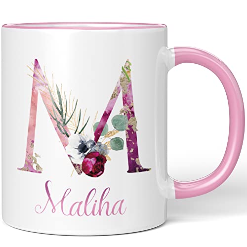 JUNIWORDS Tasse, Maliha, Name Anfangsbuchstabe Initial Alphabet Floral Buchstabe M Monogramm Motiv, Rosa (5524666) von JUNIWORDS