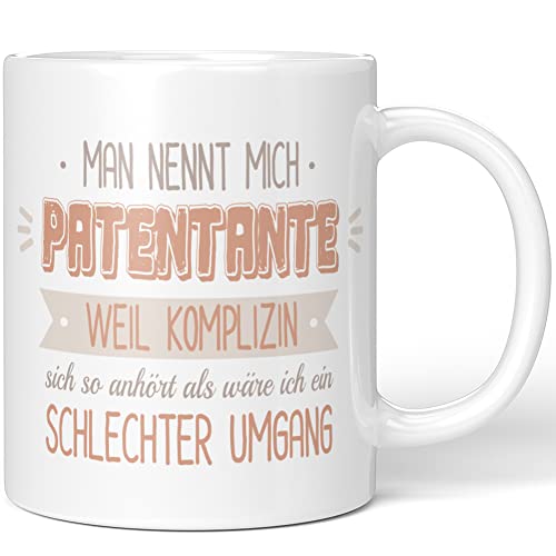 JUNIWORDS Tasse, Man nennt mich Patentante, weil Komplizin sich so anhört als wäre ich ein schlechter Umgang, Wähle Farbe, Weiß von JUNIWORDS