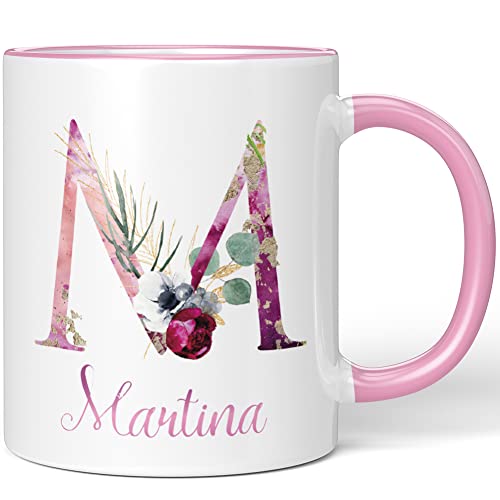 JUNIWORDS Tasse, Martina, Name Anfangsbuchstabe Initial Alphabet Floral Buchstabe M Monogramm Motiv, Rosa (5526413) von JUNIWORDS