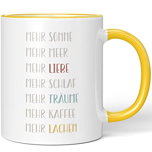 JUNIWORDS Tasse, Mehr Sonne Meer Liebe Schlaf Träume Kaffee Lachen, Gelb (1007450) von JUNIWORDS