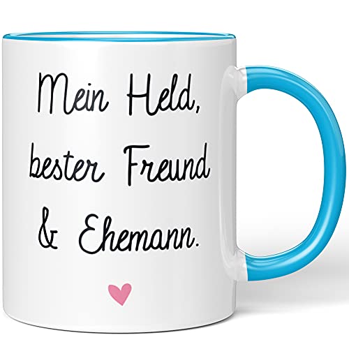 JUNIWORDS Tasse, Mein Held, bester Freund & Ehemann, Wähle Farbe, Blau von JUNIWORDS