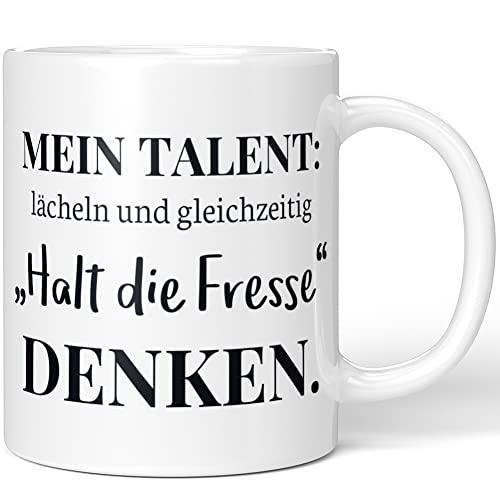 JUNIWORDS Tasse, Mein Talent, lächeln und gleichzeitig Halt die Fresse denken, Weiß (1006921) von JUNIWORDS