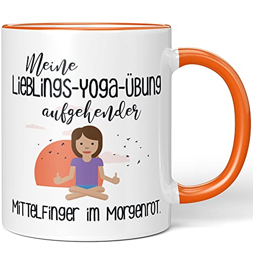 JUNIWORDS Tasse, Meine Lieblings-Yoga-Übung aufgehender Mittelfinger im Morgenrot, Wähle Farbe, Orange von JUNIWORDS