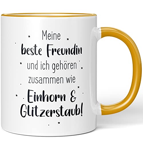 JUNIWORDS Tasse, Meine beste Freundin und ich gehören zusammen wie Einhorn & Glitzerstaub!, Dunkelgelb (1008693) von JUNIWORDS