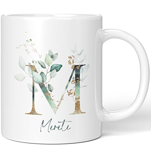 JUNIWORDS Tasse, Merete, Name Anfangsbuchstabe Initial Alphabet Floral Buchstabe M Monogramm Motiv, Weiß (5467061) von JUNIWORDS
