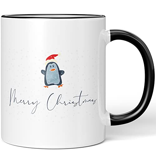 JUNIWORDS Tasse, Merry Christmas Blauer Pinguin mit Weihnachtsmütze, Wähle Farbe, Schwarz von JUNIWORDS
