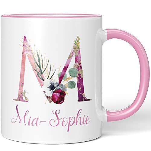 JUNIWORDS Tasse, Mia-Sophie, Name Anfangsbuchstabe Initial Alphabet Floral Buchstabe M Monogramm Motiv, Rosa (5528238) von JUNIWORDS