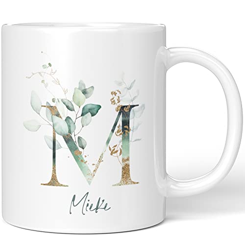 JUNIWORDS Tasse, Mieke, Name Anfangsbuchstabe Initial Alphabet Floral Buchstabe M Monogramm Motiv, Weiß (5467674) von JUNIWORDS