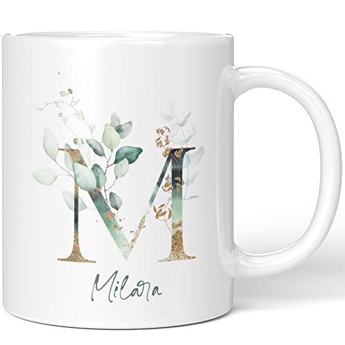 JUNIWORDS Tasse, Milara, Name Anfangsbuchstabe Initial Alphabet Floral Buchstabe M Monogramm Motiv, Weiß (5467841) von JUNIWORDS