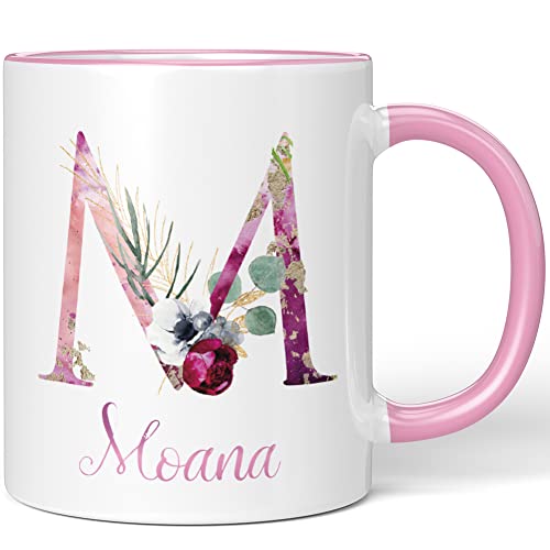 JUNIWORDS Tasse, Moana, Name Anfangsbuchstabe Initial Alphabet Floral Buchstabe M Monogramm Motiv, Rosa (5529332) von JUNIWORDS