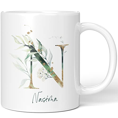JUNIWORDS Tasse, Nasima, Name Anfangsbuchstabe Initial Alphabet Floral Buchstabe N Monogramm Motiv, Weiß (5469998) von JUNIWORDS