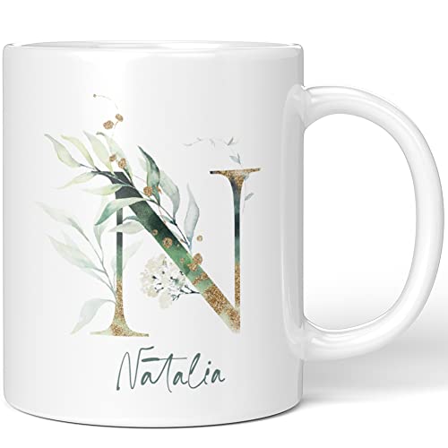 JUNIWORDS Tasse, Natalia, Name Anfangsbuchstabe Initial Alphabet Floral Buchstabe N Monogramm Motiv, Weiß (5470054) von JUNIWORDS