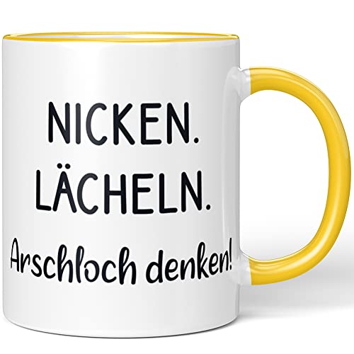 JUNIWORDS Tasse, Nicken. Lächeln. Arschloch denken!, Wähle Farbe, Gelb von JUNIWORDS