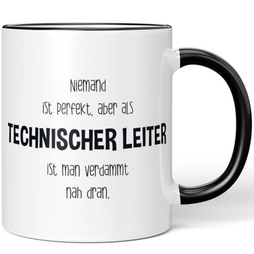 JUNIWORDS Tasse, Niemand ist perfekt, aber als Technischer Leiter ist man verdammt nah dran, Schwarz (5798318) von JUNIWORDS